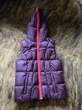 Eddie Bauer Hooded Puffer Vest in Plum with Red Zipper